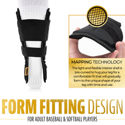 Franklin Sports Baseball + Softball Leg Guard - PRT Series Adult Shin + Foot Shield for Batting - Protective Leg + Ankle Guard with Toe Plate - Right Hand + Left Hand Hitters - Black/Gold - One Size