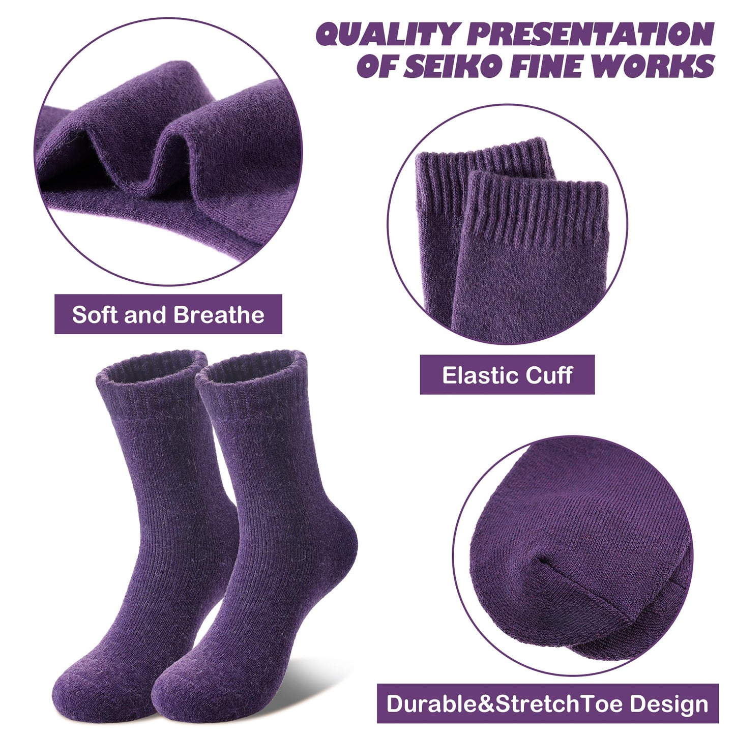 LINEMIN Wool Socks for Women Winter Warm Hiking Thick Warm Cozy Boot Crew Gift Socks 5 Pairs (Purple/Blue/Black/Dark Gray/Light Gray)