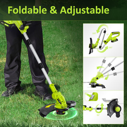 JAGROM Electric String Trimmer Cordless with 2x2.0Ah Battery, 20V Battery Powered 12-inch Lawn Mover & Edger Lawn Tool with Charger, Powered Grass Trimmer with 8pcs Spool Line for Yard, Garden, Green
