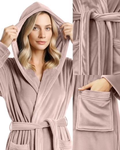 NY Threads Premium Womens Robe with Hood, Plush Fleece Long Bath Robe for Women, Fluffy Soft Women's Bathrobe, Large, Taupe