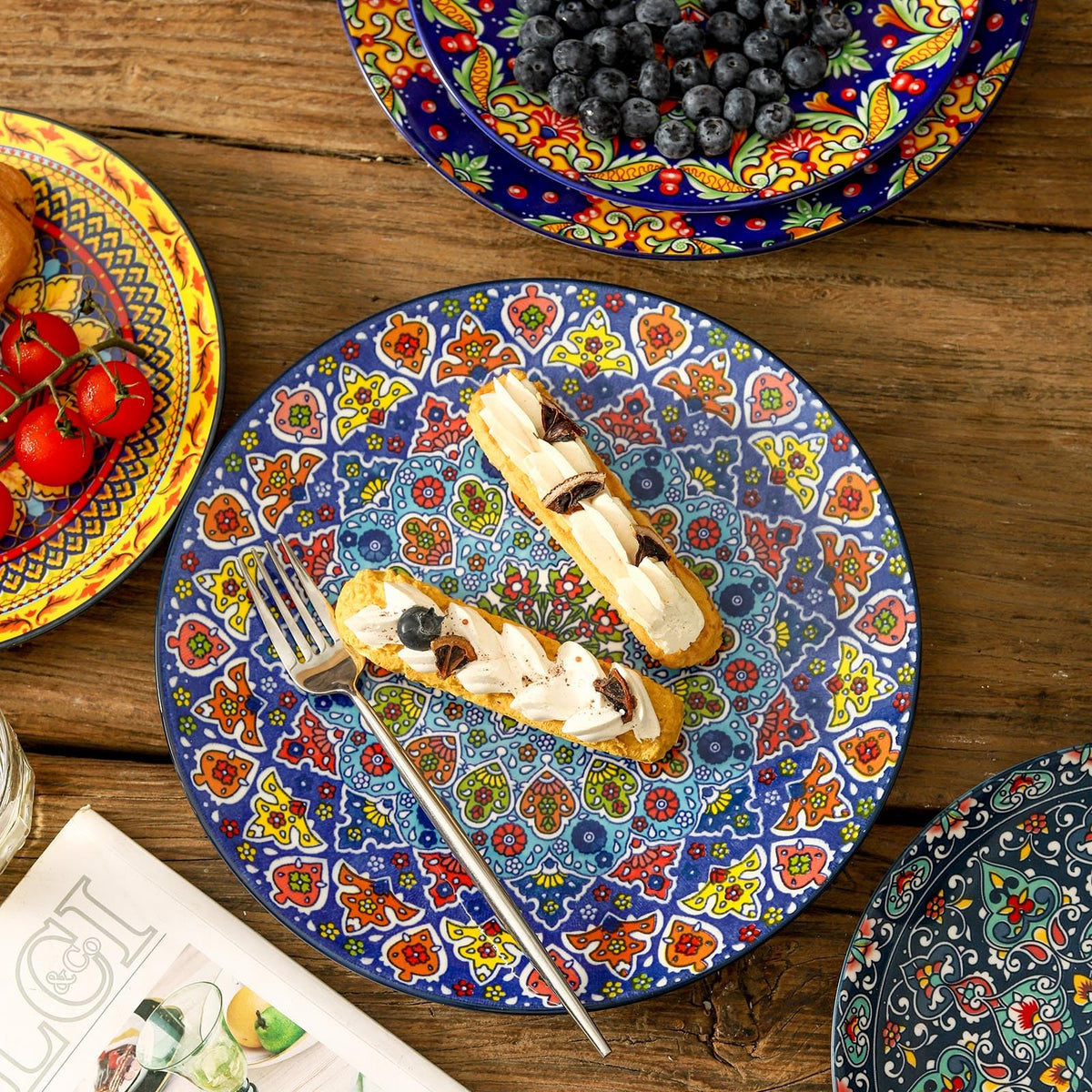 glowworm Dinner Plates, 10.5 Inch Ceramic Plates Set of 6 for Steak, Snacks, Pizza, Cake, Colorful Serving Dishes for Kitchen, Microwave, Oven & Dishwasher Safe, Bohemian