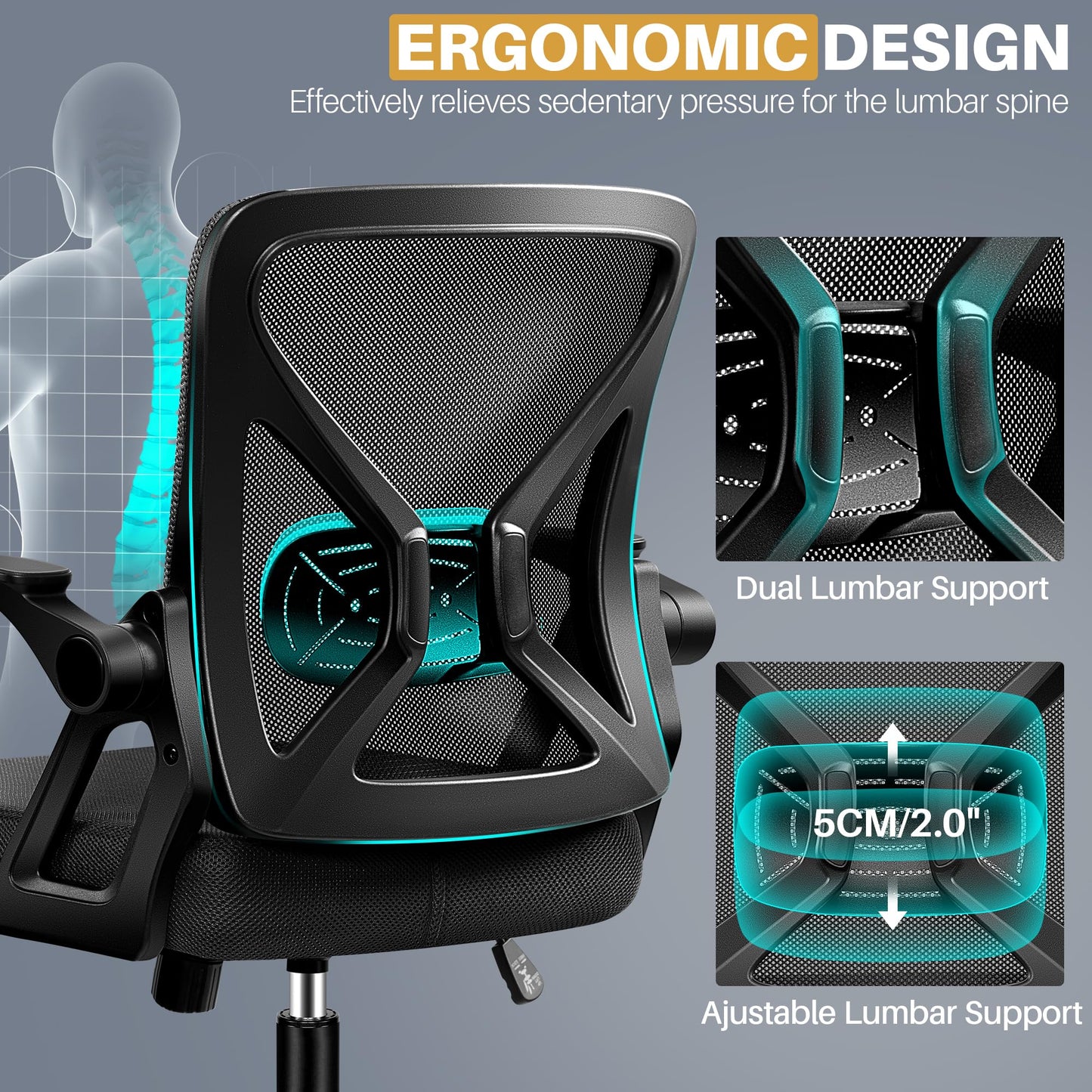 FelixKing Office Chair - Ergonomic Desk Chair Breathable Mesh Task with Wheels and Lumbar Support Home Desk Office Chairs with Flip up Armrest Rolling Swivel for Home Computer Black