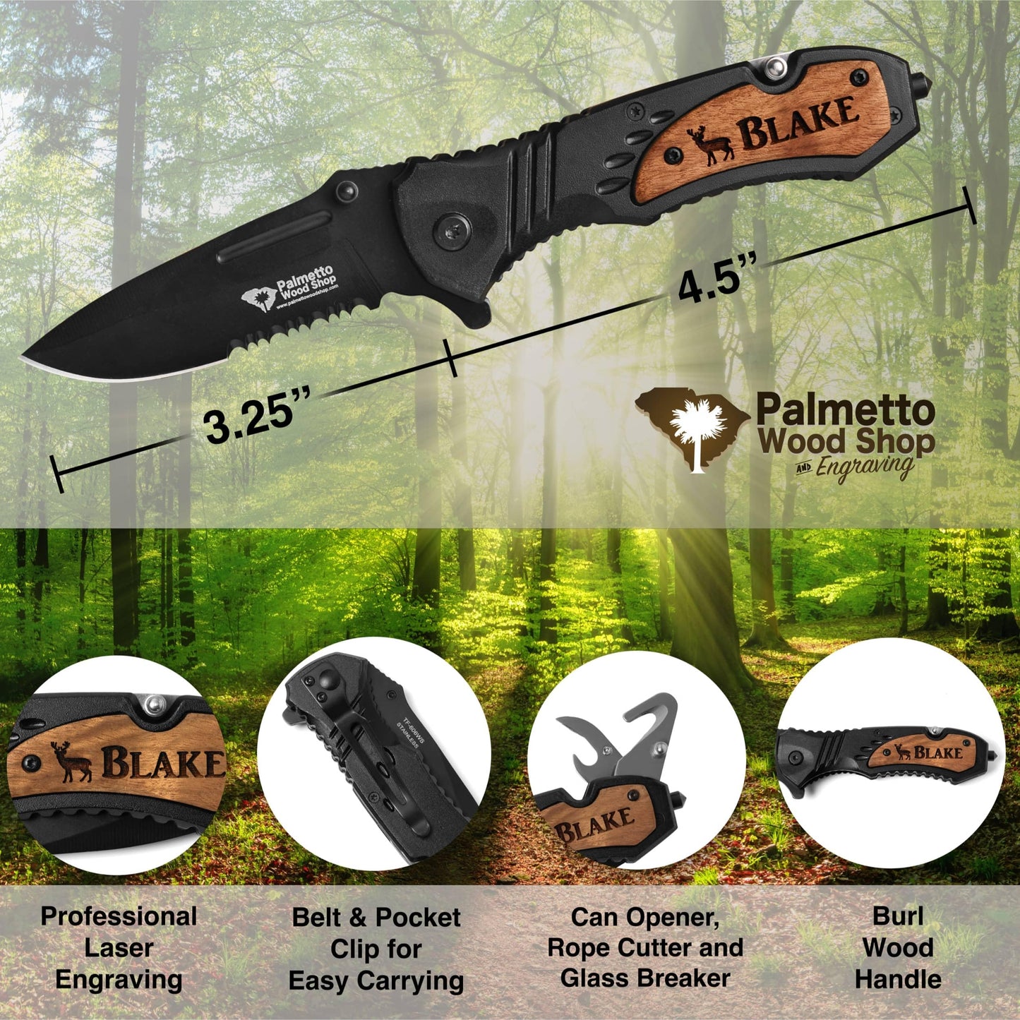 Palmetto Wood Shop Custom Pocket Knife - Laser Engraved Pocket Knife Gift for Men, Custom Knife for Camping, Hunting, Everyday Carry - 3.25-inch Stainless Steel Blade, 4.5-inch Black/Wood Handle