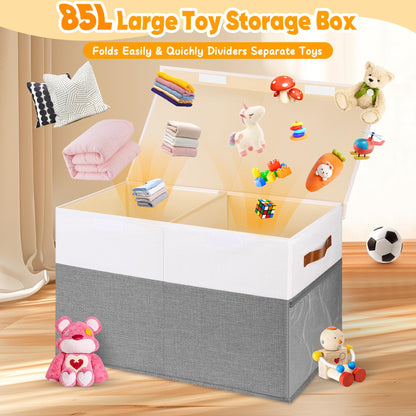 Mabahoo Large Toy Box, Collapsible Sturdy Storage Chest With Lids, Kids Toy Chest Storage Organizer Toddler Bin Boxes for Living Room, Bedroom, Nursery, 25"x13"x16", White & Gray