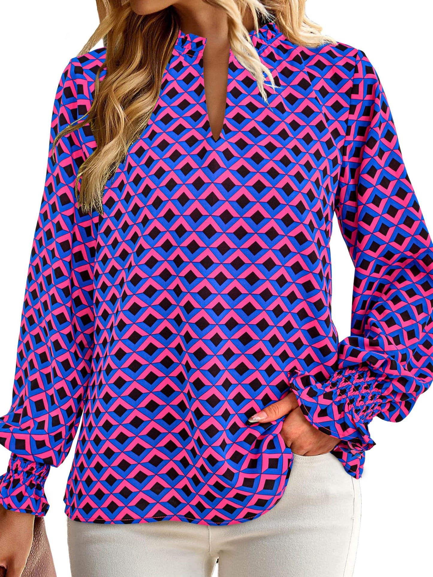 MASCOMODA Womens V Neck Floral Long Sleeve Tops 2024 Summer Casual Loose Puff Sleeve Chiffon Boho Work Blouse Dressy T Shirts(Plaid Blue Pink,X-Large)