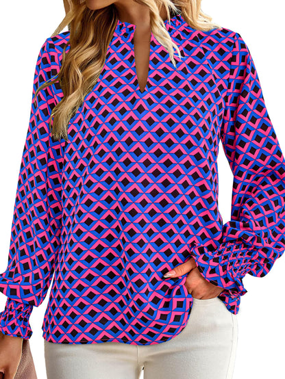 MASCOMODA Womens V Neck Floral Long Sleeve Tops 2024 Summer Casual Loose Puff Sleeve Chiffon Boho Work Blouse Dressy T Shirts(Plaid Blue Pink,X-Large)