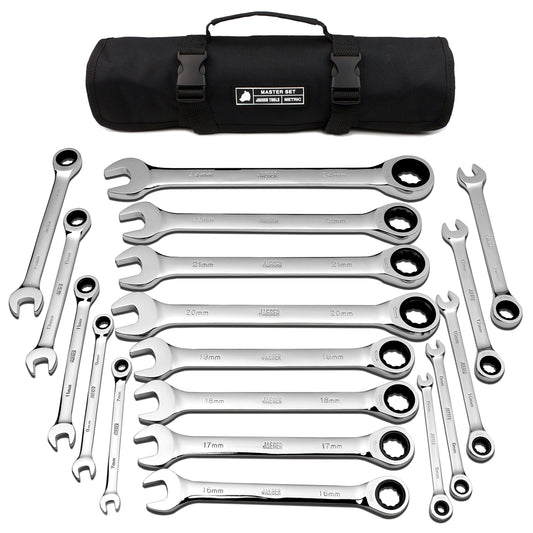 Jaeger 18pc MM/Metric TIGHTSPOT 90-Tooth Ratcheting Wrenches MASTER SET - With BEAR KEEPER Rollup Case