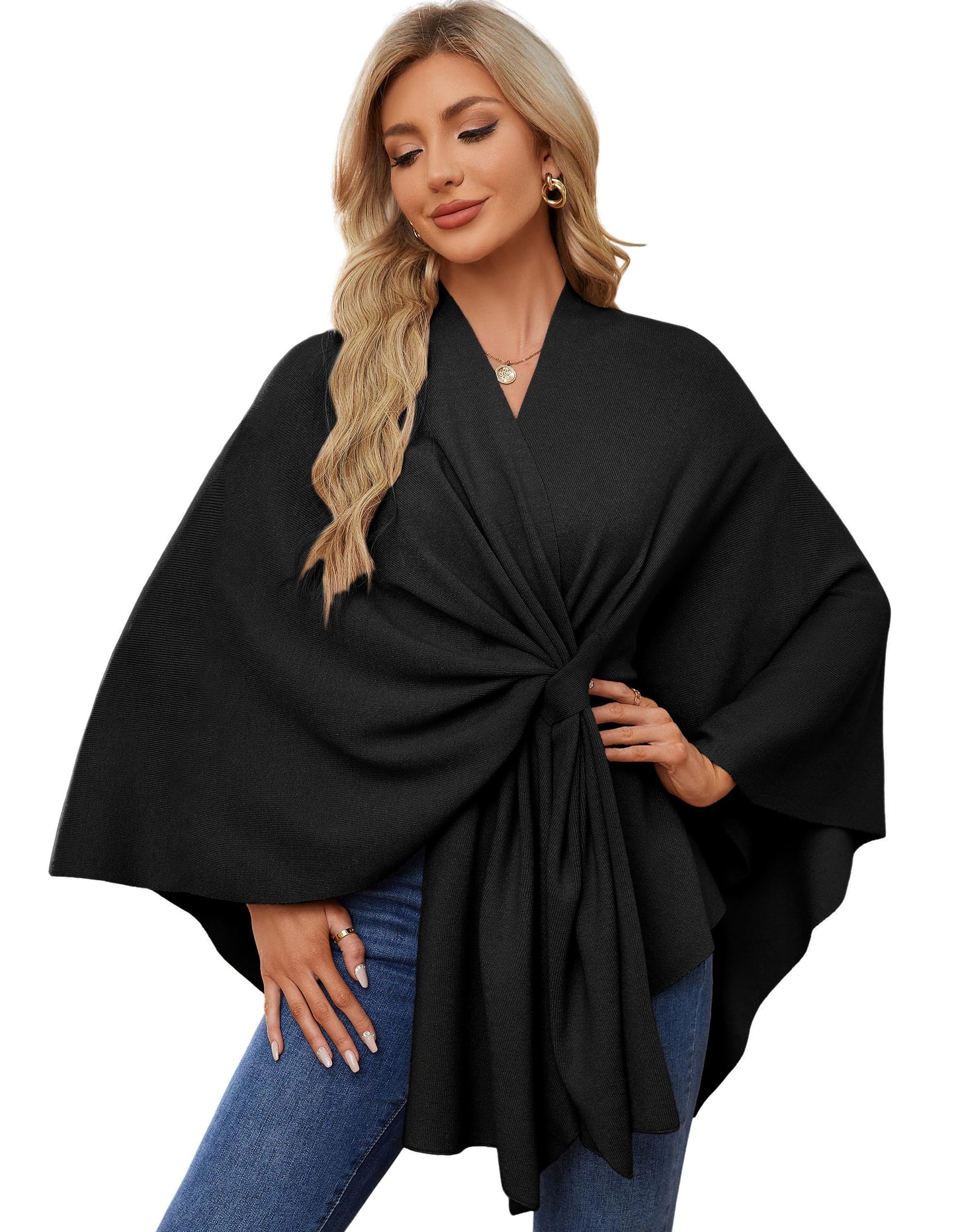 PULI Women's Elegant Shawl Wraps Soft Open Front Poncho Sweater for Spring Fall Winter Black