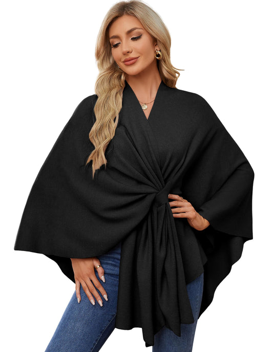 PULI Women's Elegant Shawl Wraps Soft Open Front Poncho Sweater for Spring Fall Winter Black