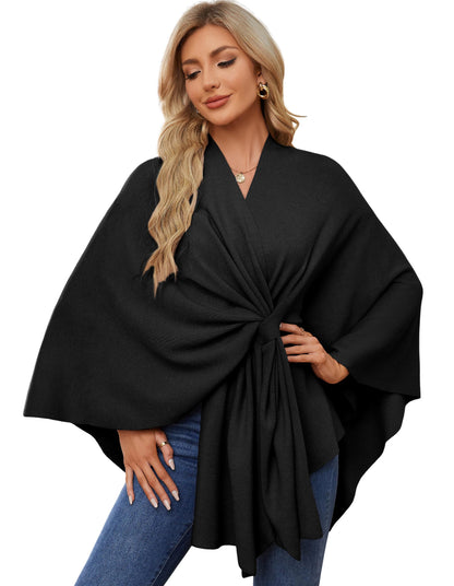 PULI Women's Elegant Shawl Wraps Soft Open Front Poncho Sweater for Spring Fall Winter Black