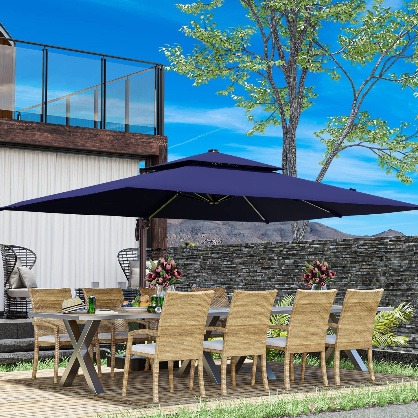 ZLACUIU 10x13FT Cantilever Outdoor Patio Umbrellas, Double Top Large Rectangle Umbrella, Heavy Duty 360° Rotation Offset Outdoor Sun Shade Umbrella for Garden Deck Pool Backyard, Navy Blue