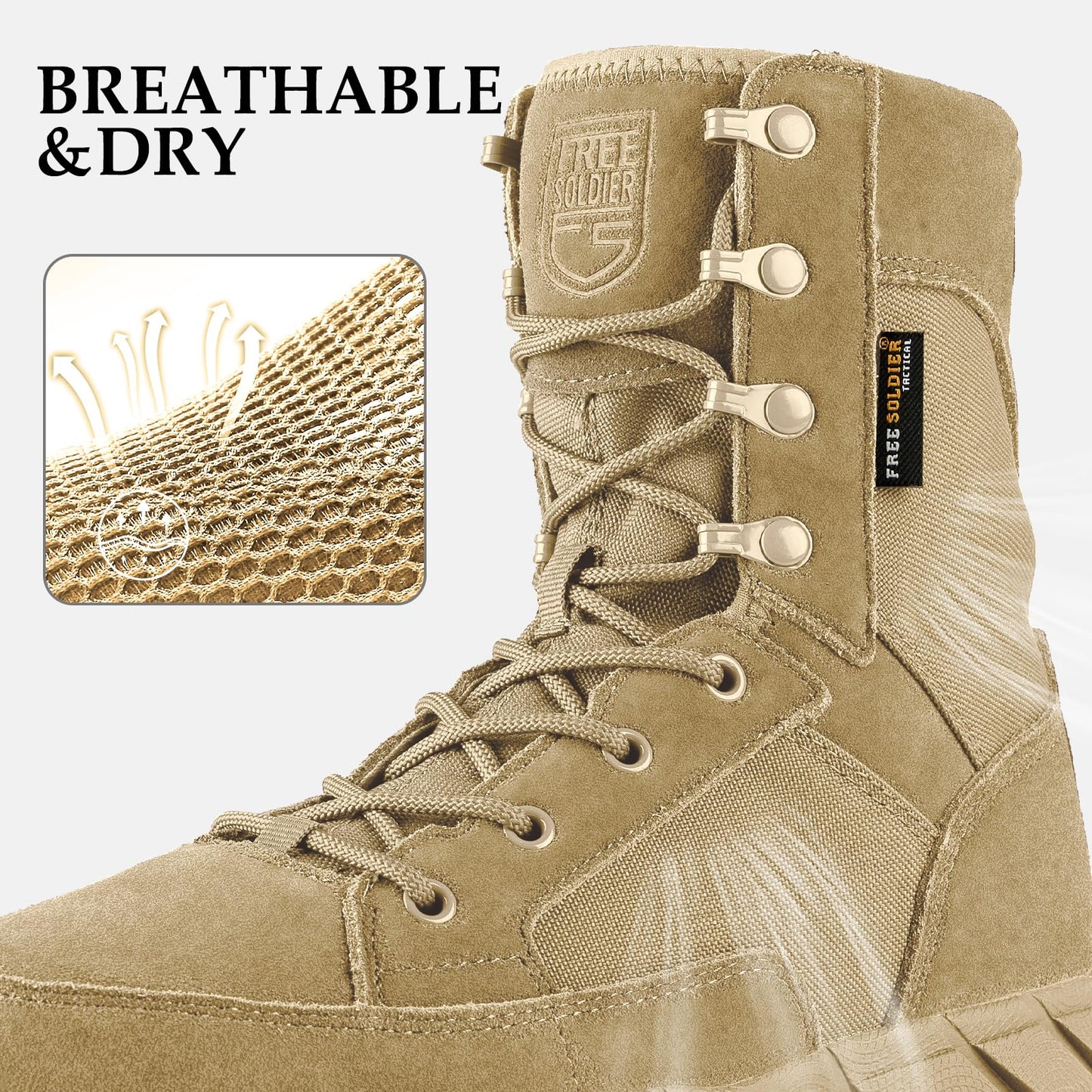 FREE SOLDIER Men's 8 Inch Tactical Side Zip Boots Military Army Work Boots Lightweight Combat Boot for Motorcycle Boot(Tan 10.5)