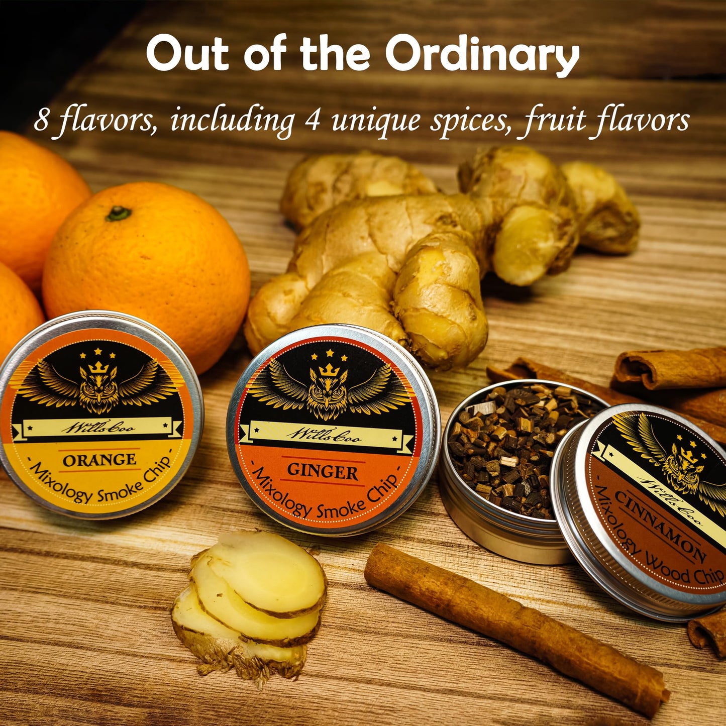 WillsCoo Cocktail Smoker Kit with Torch - 2 Whiskey Glasses 2 Ice Ball Molds 8 Flavor Orange Cinnamon Ginger Anise Wood Chips for Whiskey & Bourbon, Old Fashioned Smoker Set, Gifts for Men