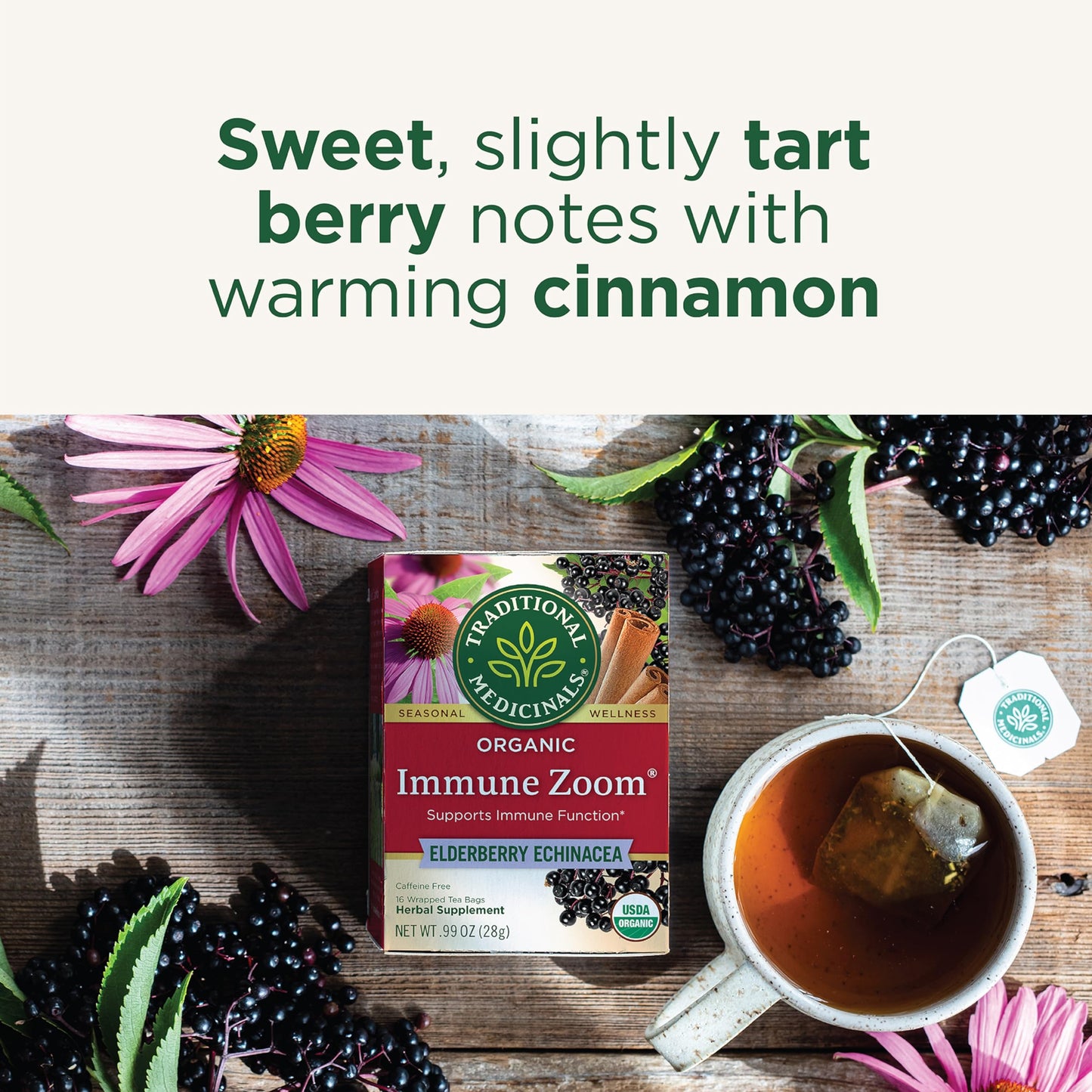 Traditional Medicinals Tea, Organic Immune Zoom Elderberry Echinacea - Supports Immune Function - Kosher, Non-GMO, Caffeine-Free, Compostable - 48 Tea Bags