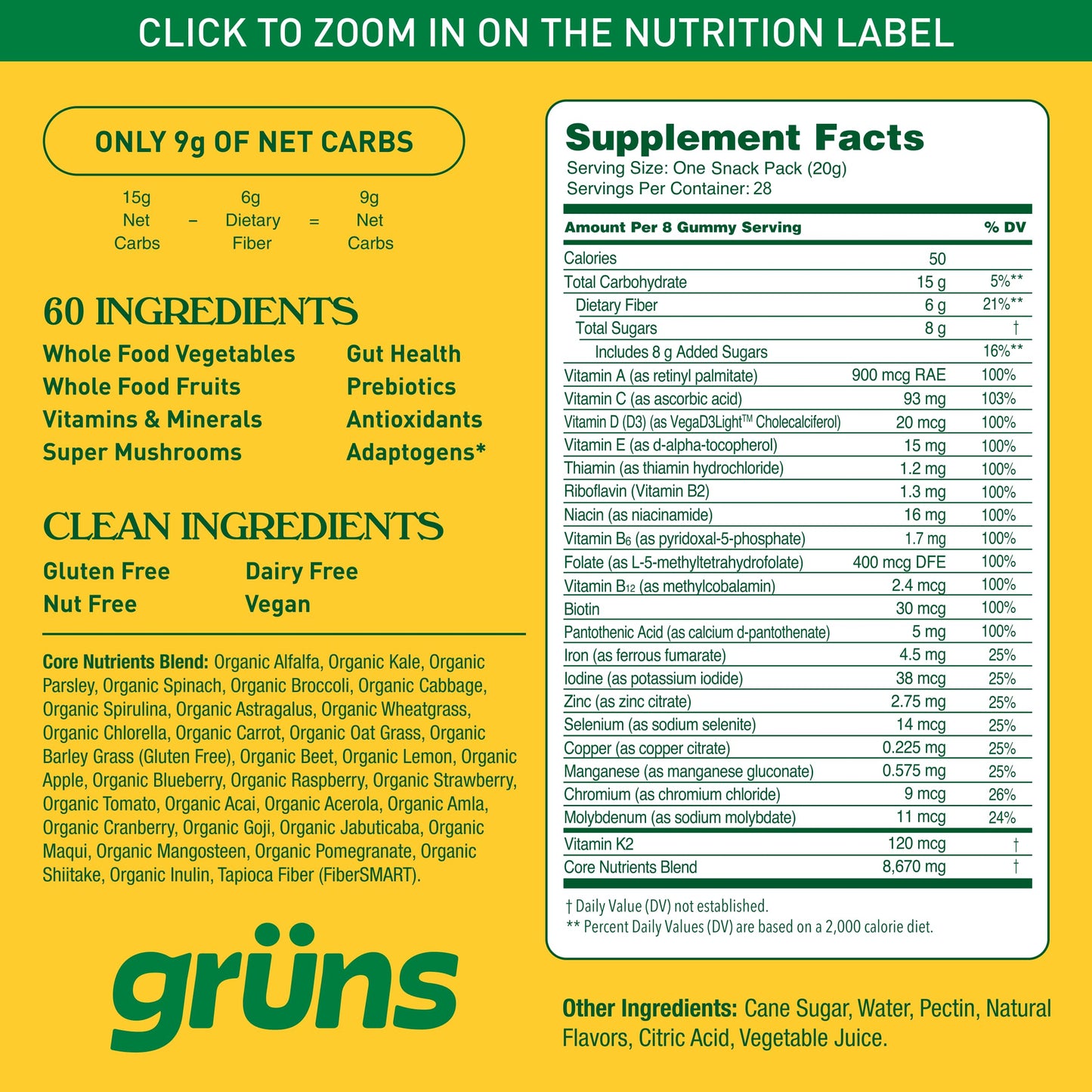 Gruns Adults Super Greens Multivitamin Gummies, Superfood Vitamin Gummy Bears with Spirulina, Chlorella, Prebiotic Fiber for Digestive Health, Adaptogens Supplement, 20 Vitamins & Minerals, 28 Count