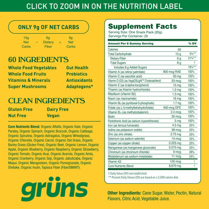 Gruns Adults Super Greens Multivitamin Gummies, Superfood Vitamin Gummy Bears with Spirulina, Chlorella, Prebiotic Fiber for Digestive Health, Adaptogens Supplement, 20 Vitamins & Minerals, 28 Count