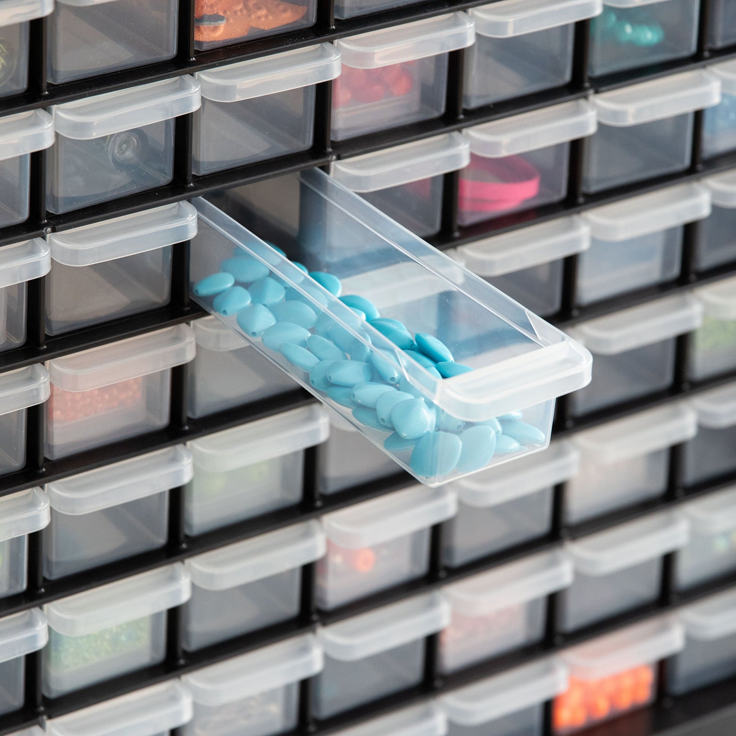 IRIS USA Bead Organizer Storage Bin Drawer Cabinet, 64-Drawer Plastic Organization Chest for Screws Bolts Nails Hardware Small Parts Electronics Charm Tools Scrapbook Art Craft Hobby Supplies - Black