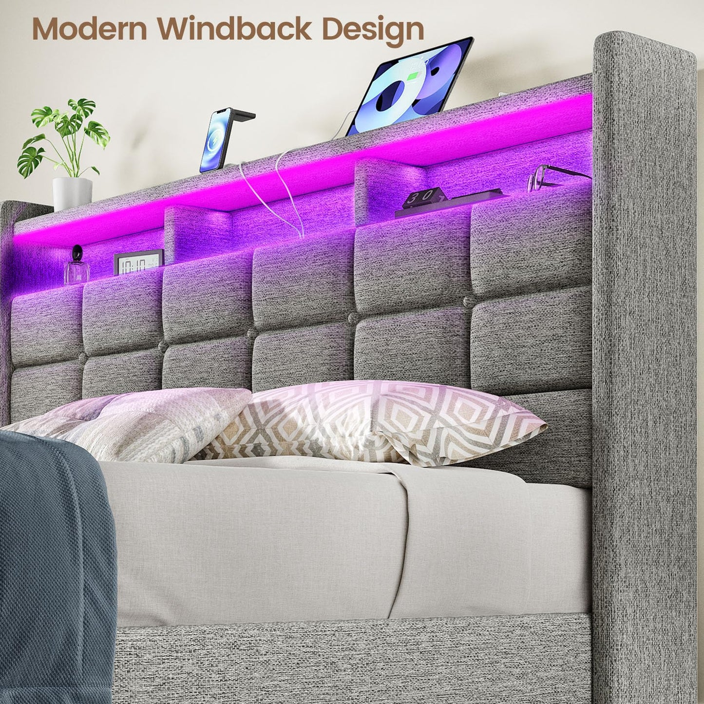 Driftalia Lift Up Queen Bed Frame with Storage, Upholstered Bed Frame Queen Size with LED Lights Headboard and Charging Station, No Box Spring Needed, Easy Assembly - Light Grey