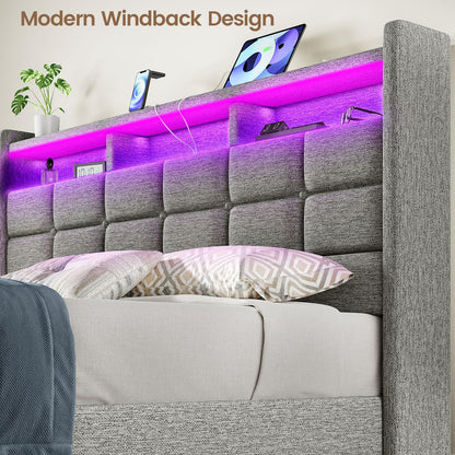 Driftalia Lift Up Queen Bed Frame with Storage, Upholstered Bed Frame Queen Size with LED Lights Headboard and Charging Station, No Box Spring Needed, Easy Assembly - Light Grey