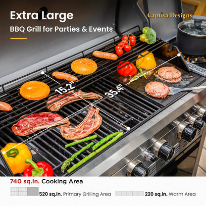 Captiva Designs 6-Burner Propane Gas BBQ Grill with Side Burner & Porcelain-Enameled Cast Iron Grate and Plate for Outdoor Barbucue Events, 52,000 BTU Output,740 SQ.IN. Cooking Area，Heavy Duty