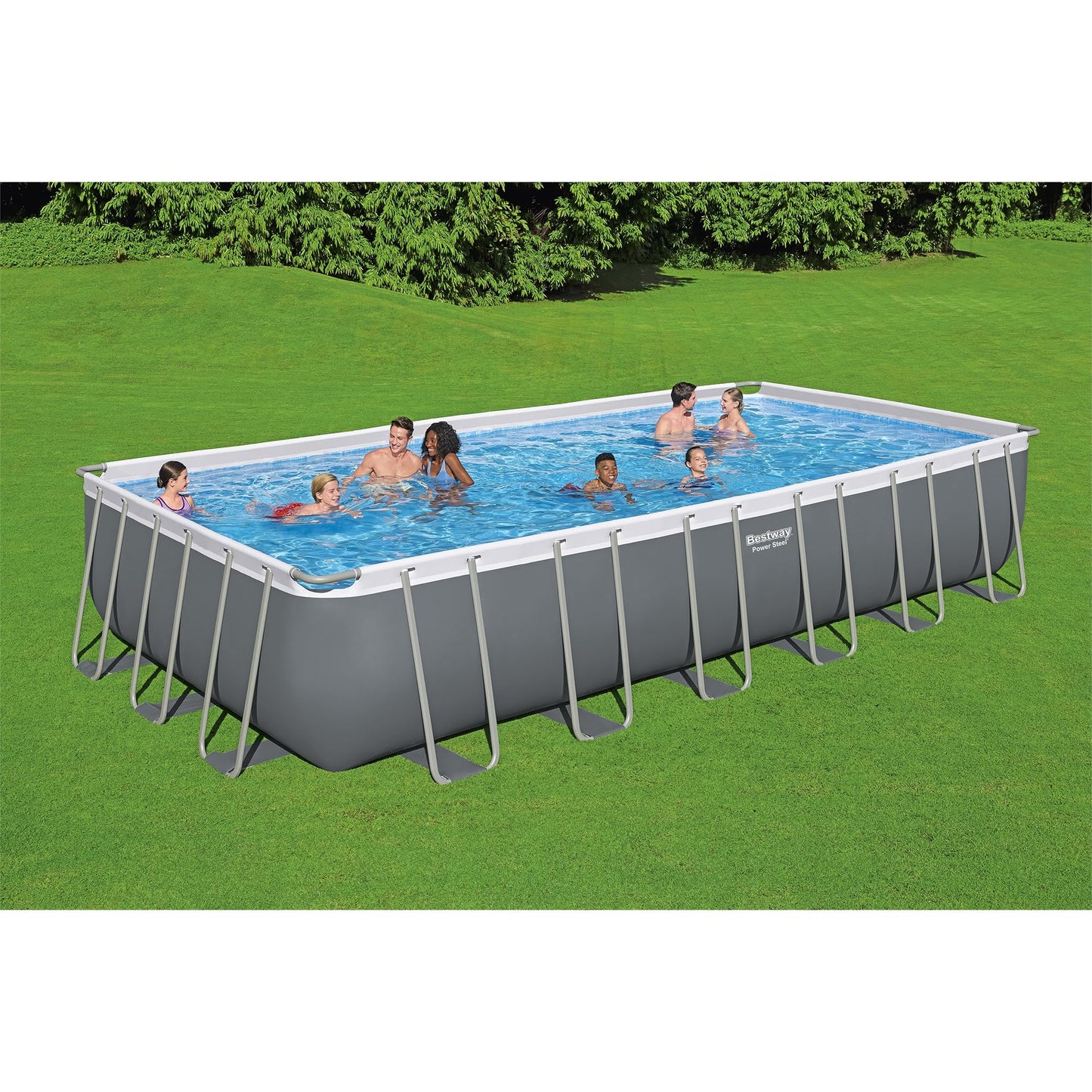 Bestway Power Steel 24' x 12' x 52" Rectangular Metal Frame Above Ground Swimming Pool Set with 1500 GPH Sand Filter Pump, Ladder, and Pool Cover