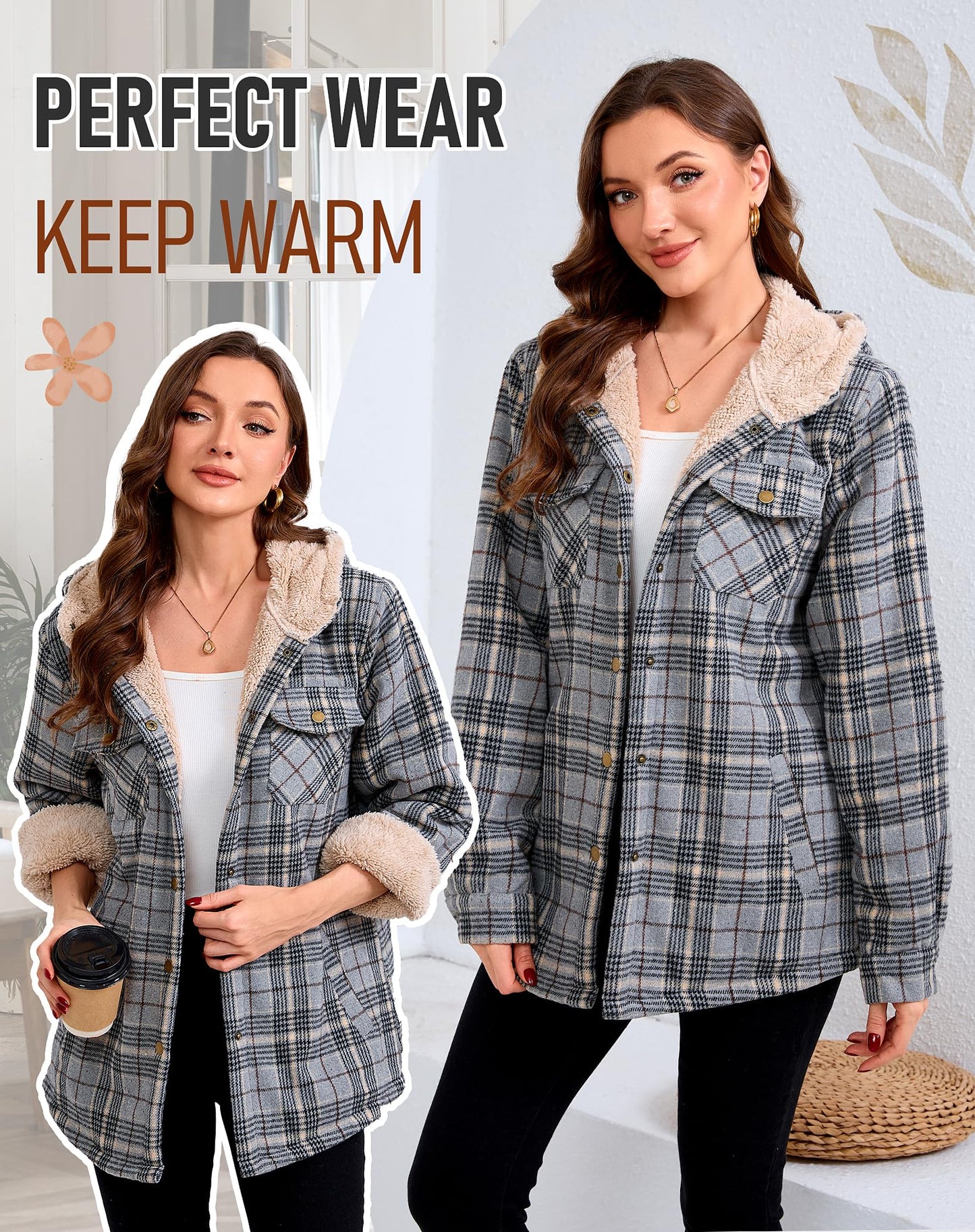 Elesuit Women's Fleece Flannel Jacket Plaid Sherpa Lined Jacket Long Sleeve Button Down Hooded Jackets for Women Grey Black X-large