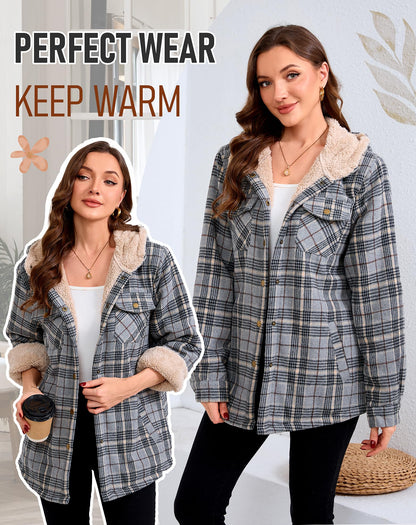 Elesuit Women's Fleece Flannel Jacket Plaid Sherpa Lined Jacket Long Sleeve Button Down Hooded Jackets for Women Grey Black X-large