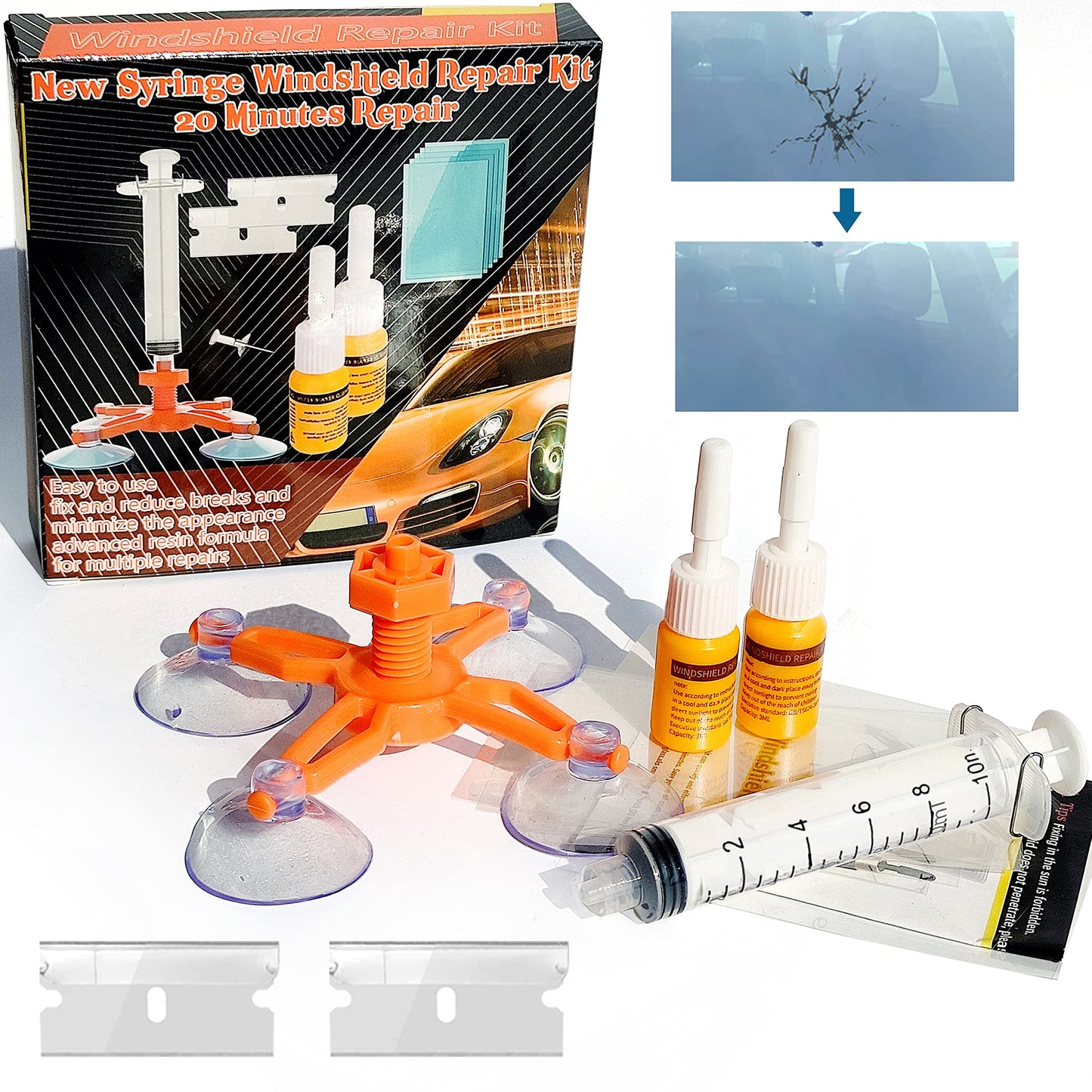 WD-40 Windshield Repair Kit, Windshield Crack Repair Kit, Upgraded Windshield Repair Kit for Chips and Cracks, Windshield Chip Repair Kit Quick Fix for Chips, Cracks, StarShaped Crack Chips