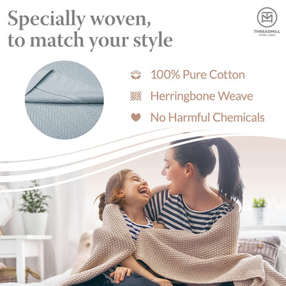 Threadmill Luxury Cotton Blankets for King Size Bed | All-Season Cozy 100% Cotton King Size Blanket | Herringbone Soft Fall Thermal Blanket fits Cal King Size Bed | Tusk White