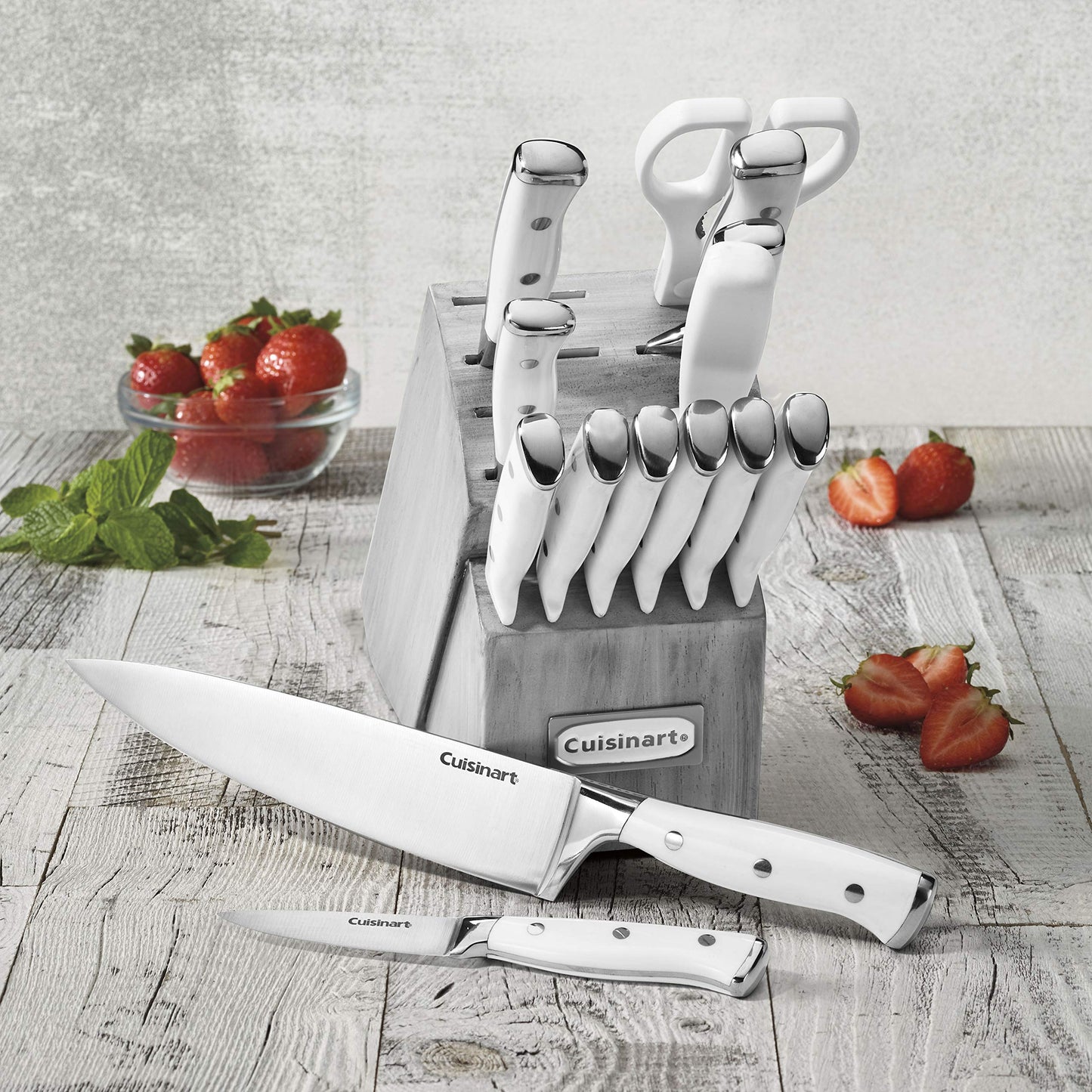 Cuisinart 15-Piece Knife Set with Block, High Carbon Stainless Steel, Forged Triple Rivet, White/Gray C77WTR-15PG