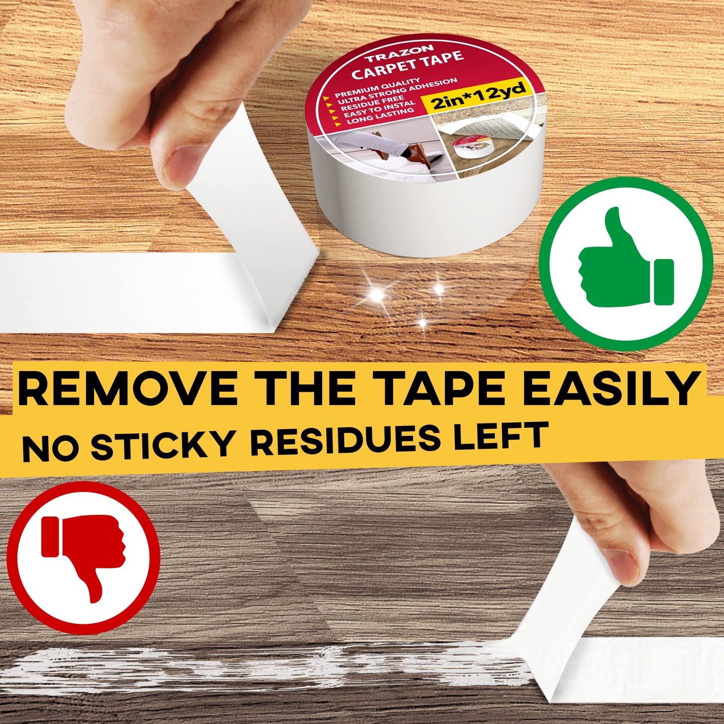 Carpet Tape Double Sided - Rug Tape Grippers for Hardwood Floors and Area Rugs - Carpet Binding Tape Strong Adhesive and Removable, Heavy Duty Stickers Grip Tape, Residue Free (2 Inch / 12 Yards)