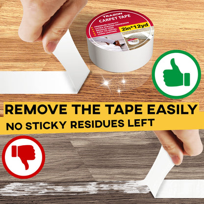 Carpet Tape Double Sided - Rug Tape Grippers for Hardwood Floors and Area Rugs - Carpet Binding Tape Strong Adhesive and Removable, Heavy Duty Stickers Grip Tape, Residue Free (2 Inch / 12 Yards)