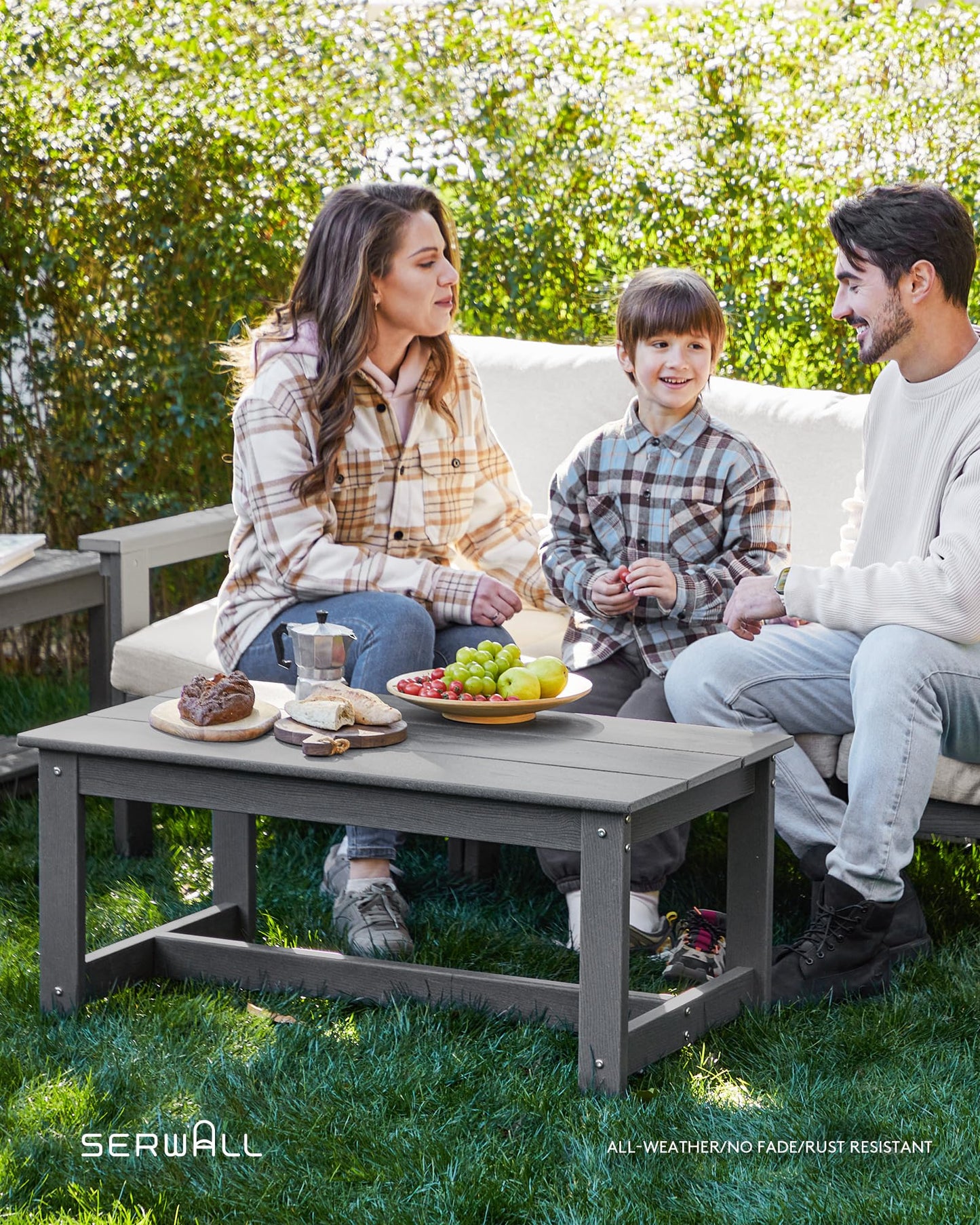 SERWALL HDPE Patio Furniture Set, 7-Piece Outdoor Sectional Sofa Set, All Weather Outdoor Couch Set for Deck, Lawn, Grey Frame with Khaki Cushion