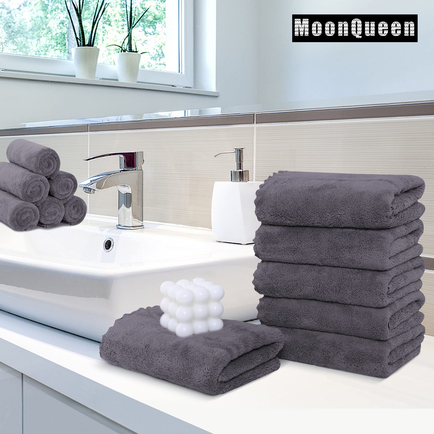 MOONQUEEN 18 Pack Premium Hand Towels - Quick Drying - Microfiber Coral Velvet Highly Absorbent Towels - Multipurpose Use as Hotel, Bathroom, Shower, Spa, Hand Towel 16 x 28 inches (Gray)