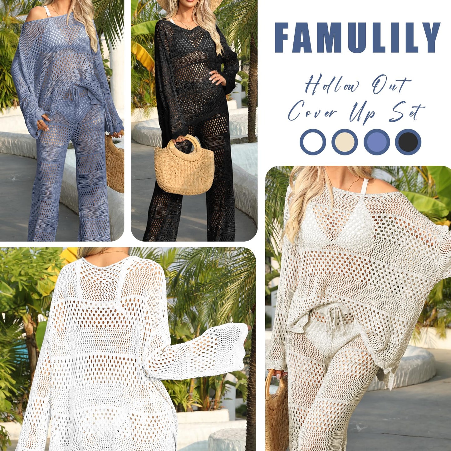 Famulily Women Bathing Suit Cover Up Solid Color Crochet Sets Crochet Long Sleeve Top Hollow Out Beach Cover Up Loungewear Set Khaki S
