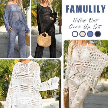 Famulily Women Bathing Suit Cover Up Solid Color Crochet Sets Crochet Long Sleeve Top Hollow Out Beach Cover Up Loungewear Set Khaki S