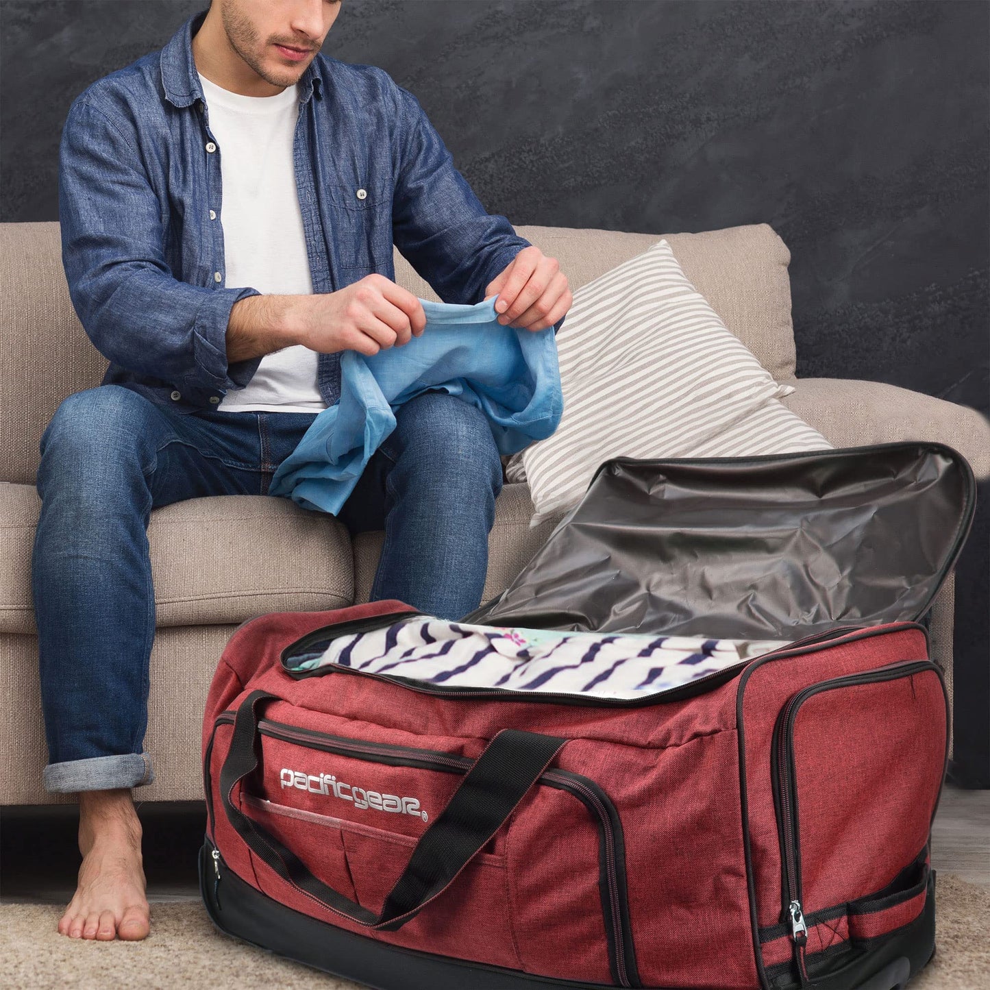 Pacific Gear Wheeled Rolling Duffel Bag, Durable Design, Telescoping Handle, Multiple Compartments, Tie-Down Capabilities