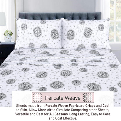 RUVANTI 100% Cotton King Size Sheets Set, 4 Pieces, Soft & Breathable Percale Weave Bedding, Deep Pocket 16", Hotel Standard, Crisp Cool Feel, Durable, Perfect Floral Bed Sheet, Dandelion