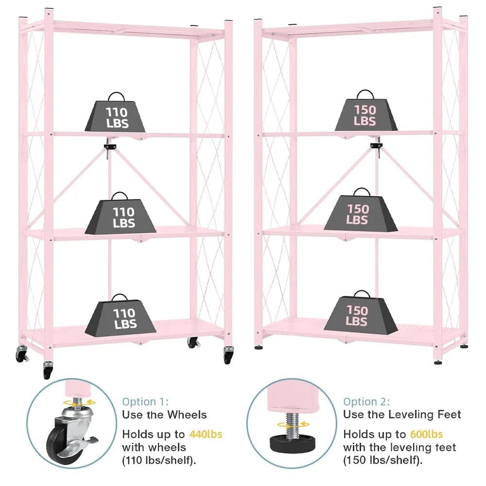 COOKCOK 4-Tier Storage Shelving Unit, Metal Shelf, Foldable Storage Shelf with Wheels, 27.9"x13.4"x49.72" Garage Shelf, Kitchen Shelf with 4 Hooks, No Assemble Require, Pink