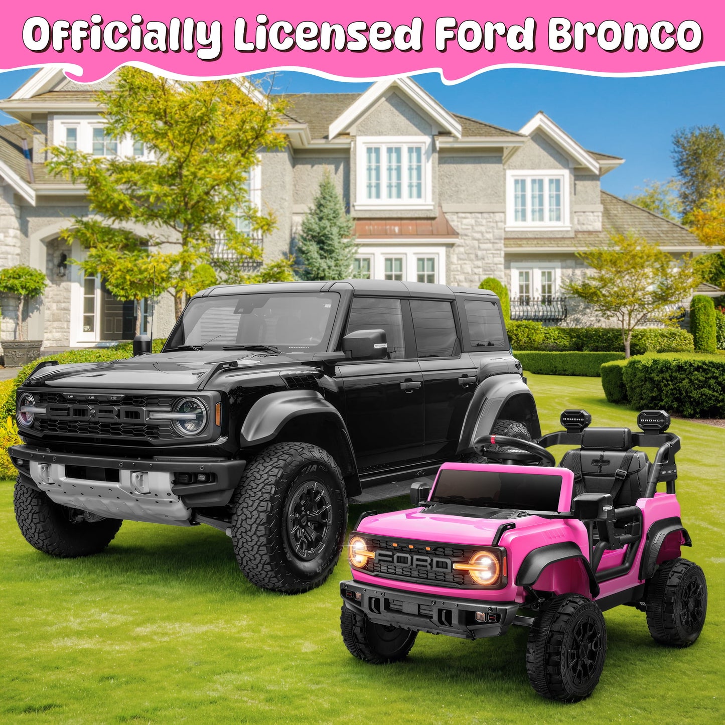 Ford Ride on Toy Cars, 12V Ford Bronco Raptor Powered Ride on Truck with Remote Control, Electric Car for Kids Girls 3-5 Gift with Bluetooth, Bright LED Headlight, Safety Belt, 4 Wheelers, Pink