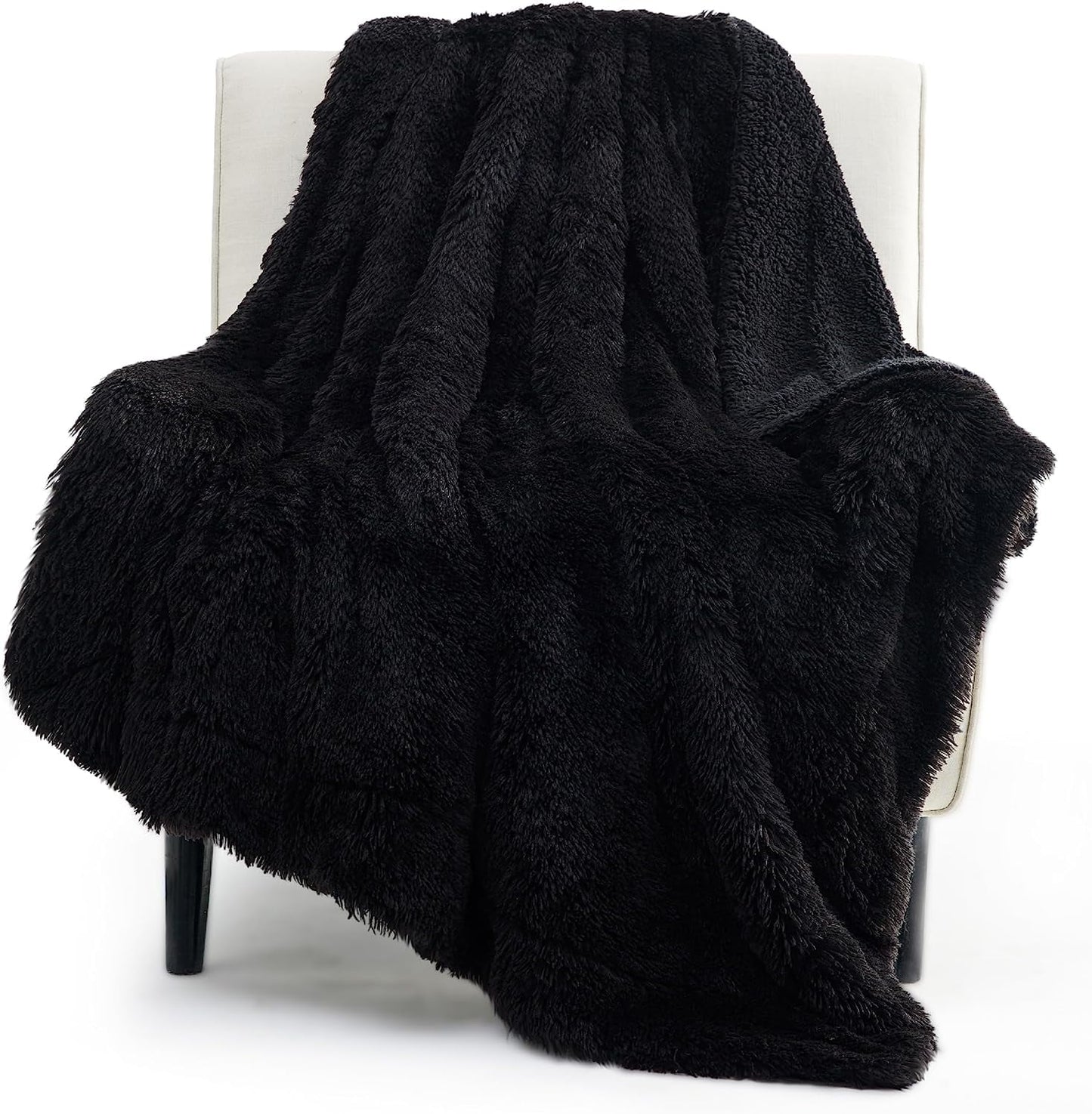 Bedsure Faux Fur Throw Blankets Black - Fluffy Blankets & Throws Shaggy Blanket, 50x60 Inches