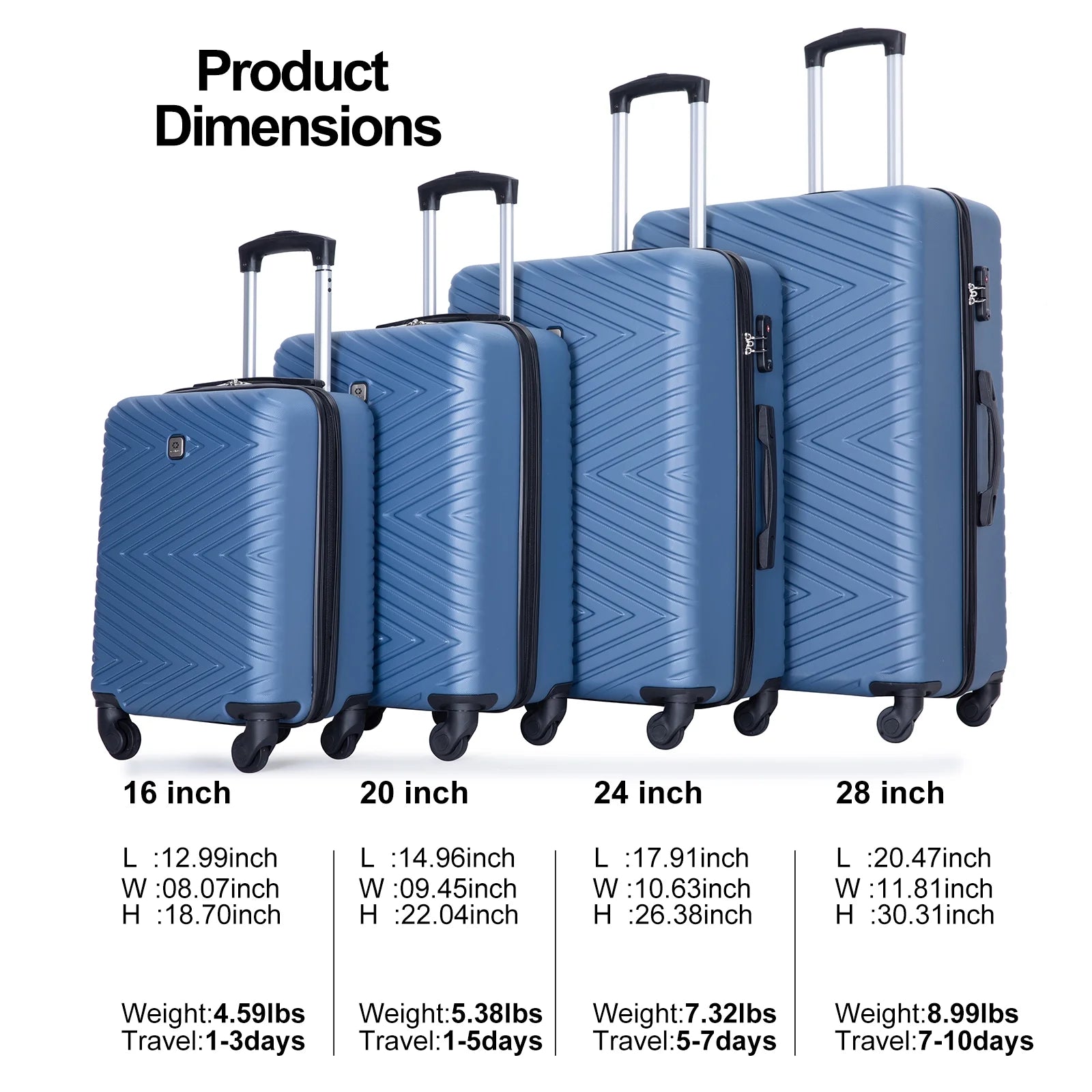 Travelhouse 4 Piece Hardshell Luggage Set Hardside Lightweight Suitcase with TSA Lock Spinner Wheels.(Blue)