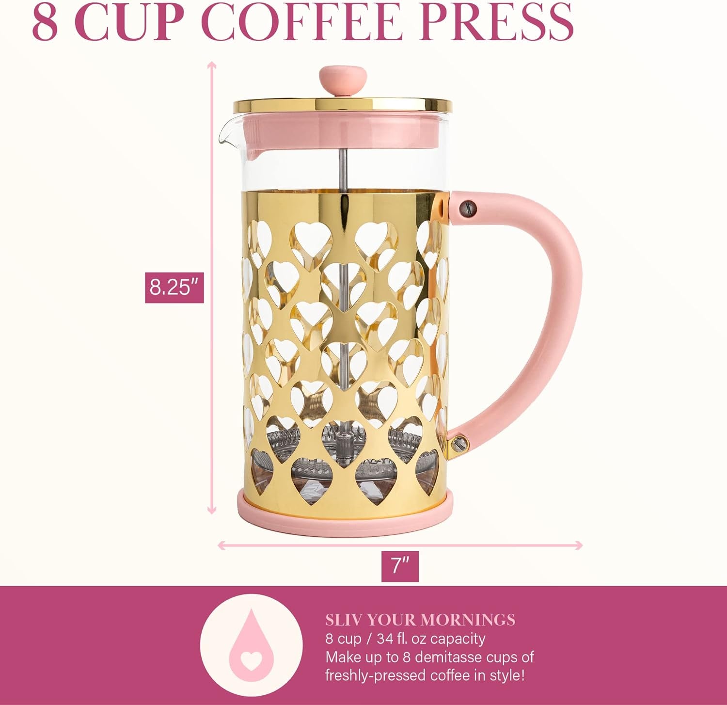Paris Hilton French Press Coffee Maker With Heart Shaped Measuring Scoop, 2-Piece Set, 8-Cup or 34-Ounce, Pink