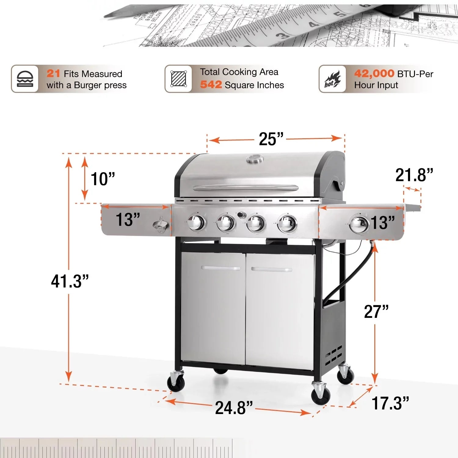 Summit Living 4 Burner Propane Gas Grill with Side Burner Stainless Steel