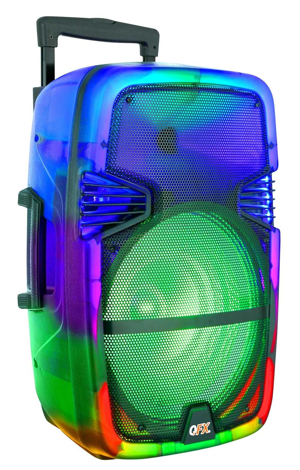 QFX TMS-1560 15” Portable Bluetooth Rechargable Party Speaker with Translucent Motion Party Lights and Remote