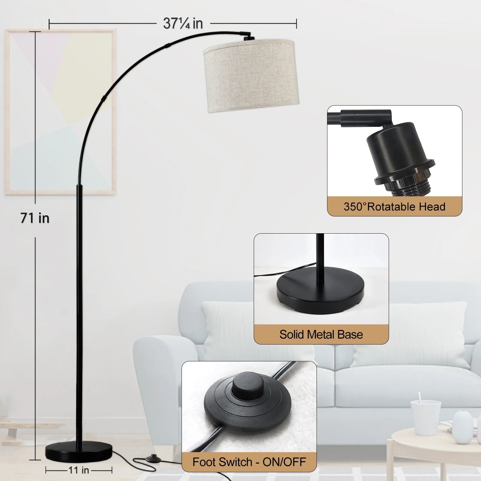 Natyswan Modern Arc Floor Lamps for Living Room Lighting, Modern Arched Lamp with Foot Switch, Adjustable Hanging Shade, Tall Pole Lamp for Bedroom, Office