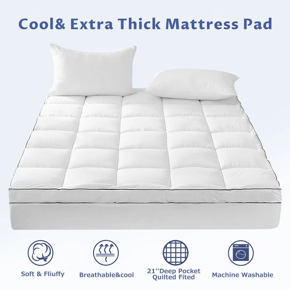 JUSTLET Extra Thick California King Mattress Topper, Cooling Mattress Pad Cover, 2" Mattress Topper with 8-21 Inch Deep Pocket Soft Comfortable Breathable, White