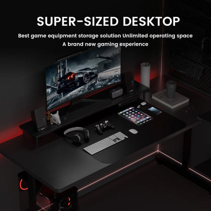 GTRACING 55" Large RGB Gaming Desk with Mouse Pad T-Shaped Office Chair Computer Desk Spacious Work Surface Table, Black