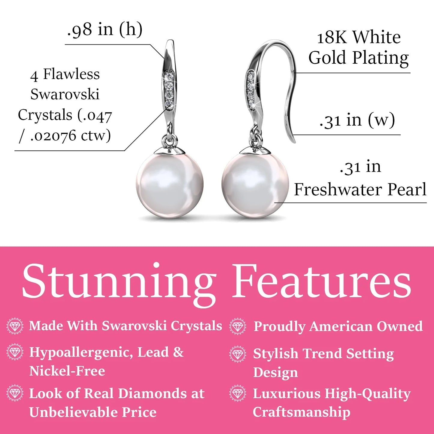 Cate & Chloe Betty 18k White Gold Plated Pearl Drop Earrings with Swarovski Crystals Gift for Women