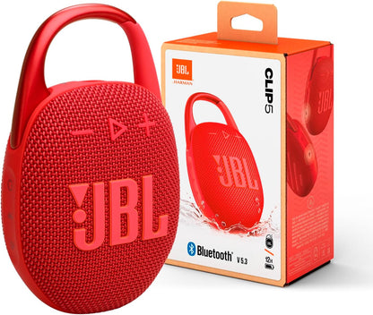 JBL Clip 5 - Ultra-Portable, Waterproof & Dustproof Bluetooth Speaker, Big Pro Sound with Punchy bass, Integrated Carabiner, Up to 12 Hours of Play, Made in Part with Recycled Materials (Red)